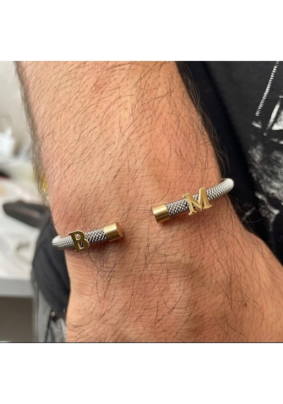 Simurg Jewellery 14 Ayar Altın Harfli Beyaz Çelik Bileklik Sarı - Beyaz