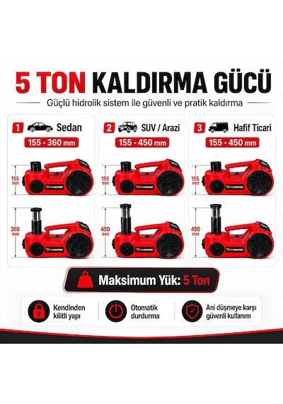 Prohummer Phm314 Elektrikli Kriko Seti - 5 Ton Hidrolik Kriko + Hava Pompası + Bijon Anahtarı + Led Fener