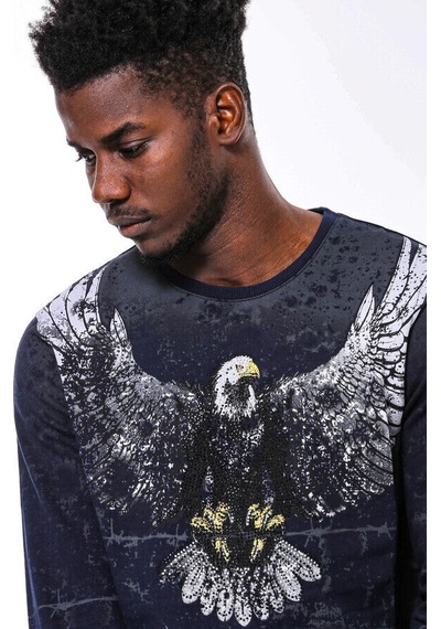 Lacivert Taşlı Desenli Sweatshirt - Wessi Siyah