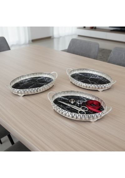 3 Adet Gümüş Renk Mermer Desen Metal Çerçeveli Cam Tepsi - 28x19 Cm Gümüş