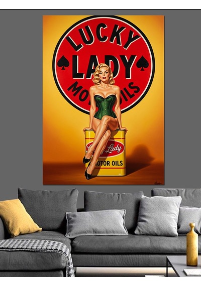 Lucky Lady Retro Pin-up Dekoratif Kanvas - Mdf Ahşap Tablo