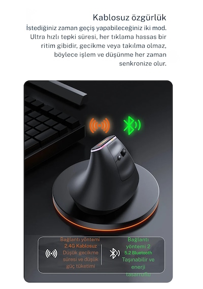 Techtic 2.4g Kablosuz Dikey Tasarım Mouse Çift Modlu Rgb Ergonomik Şarj Edilebilir Sessiz Mod Ofis Oyun Dikey Ergonomik