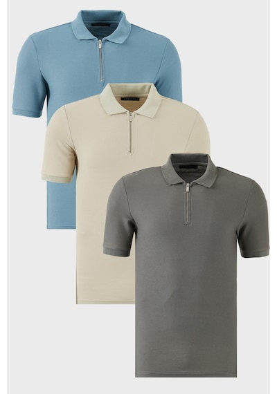 Buratti Pamuklu Regular Fit Yarım Fermuarlı 3'Lü Paket Erkek Polo Yaka T Shirt 5902434S3 Taş-Açık Haki-Mavi