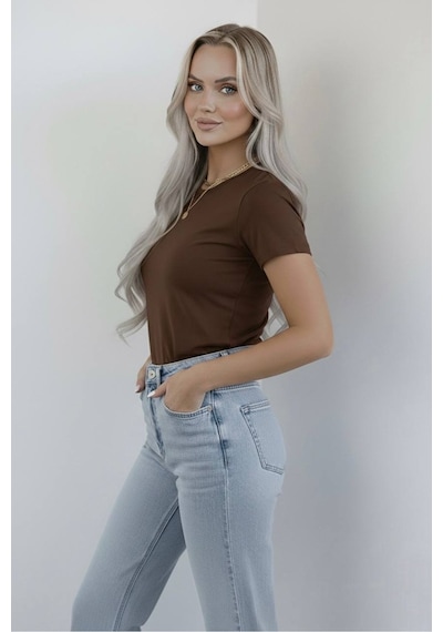 Hashtag Kadın Bisiklet Yaka Kısa Kollu Body 4'lü Paket Viskon Kumaş Kahverengi Haki Siyah Beyaz