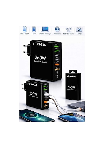 Fürtger German Frt-25w Si 260w 3 Type-c + 3 Usb-a Toplam 6 Çıkışlı Süper Hızlı Şarj Aleti
