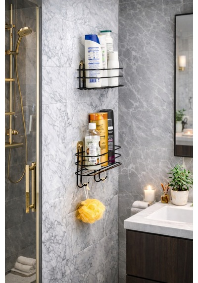 Buççin Online Mağaza Yapışkanlı Siyah 2li Banyo Düzenleyici Şampuanlık Sabunluk Oval Bayo Duş Rafı Organizer Metal Siyah Çok Renkli