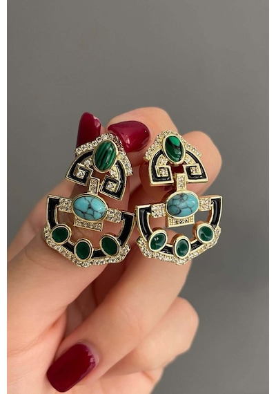 Viante Gold Vıp Koleksiyonu 14 Ayar Altın Kaplama Vintage Baget Taşlı Küpe Kararmaz Vıp Seri Gümüş