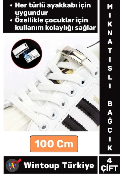 Wintoup Çocuk Genç Yetişkin Şık Klipsli Manyetik Lastikli Pratik Mıknatıslı Ayakkabı Bağcığı 100 Cm 4 Çift Çok Renkli