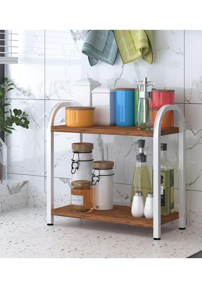 Banyo-mutfak Toparlayıcı Düzenleyici Organizer 2 Katlı Geniş Metal Beyaz Bambu Tezgah Üstü Raf Bambu Diğer