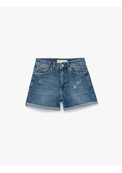 Koton Pamuklu Yüksek Bel Slim Fit Duble Paça Mini Denim Şort Orta İndigo 6sal40005md
