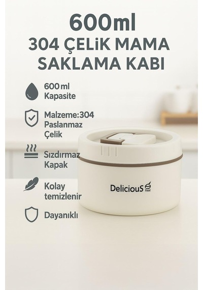 304 Çelik Krem 600 Ml Yemek Mama Saklama Kabı Sefer Tası Sıcak Tutmaz Cin896by