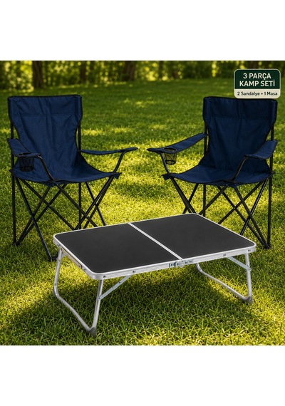 2 Sandalyeli Katlanır Kamp Seti 60x40 Cm Masa Ve Sandalye Lacivert