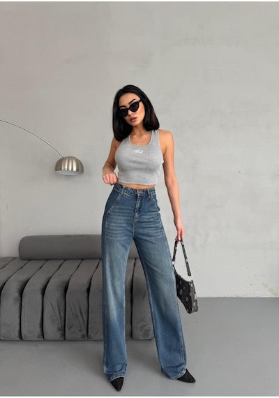 Yan Dikiş Detaylı Wide-leg Tint Jean Mavi
