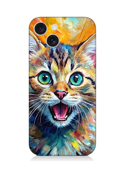 Apple Uyumlu iPhone 15 Parlayan Gözlü Neşeli Kedi Desenli Silikon Kılıf Çok Renkli