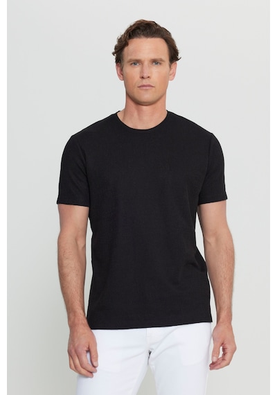 AC&Co / Altınyıldız Classics Erkek Sıyah Pamuklu Slim Fit Dar Kesim Bisiklet Yaka Jakarlı Esnek Tişört Siyah