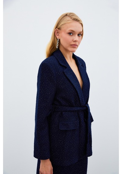 Sateen Kuşaklı Tüvit Ceket - Lacivert-135019 Lacivert
