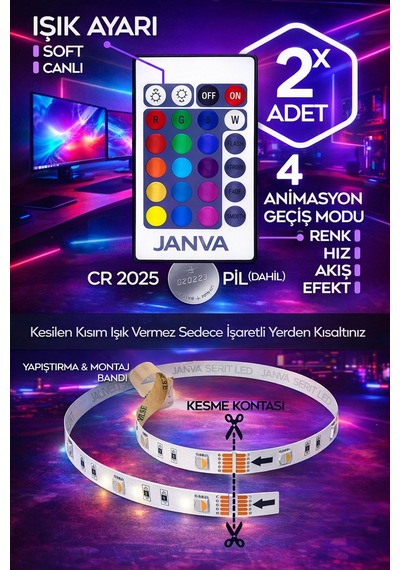 Şerit Led 5 Mt 300 Led Kumandalı 16 Renkli Silikon Yapışkanlı Adaptörlü Iç Ve Dış Mekan Aydınlatma Çok Renkli