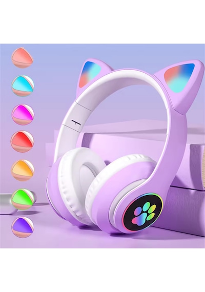 Kedi Kulağı Detaylı Kablosuz Rengarenk Işıklı Bluetooth Rgb Çocuk Oyuncu Kulaklık Üstün Performans
