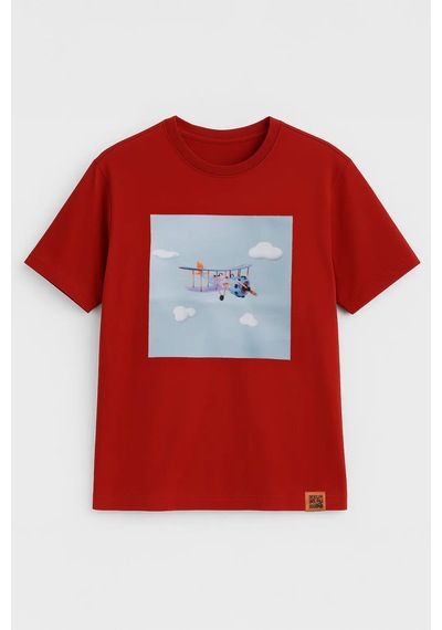 Erkek Bisiklet Yaka %100 Pamuk Helikopter Baskılı T-shirt Kiremit
