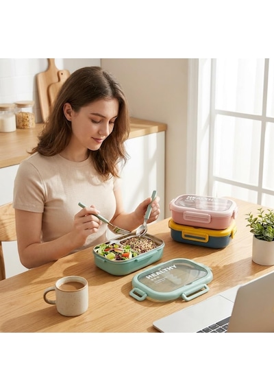 Deconox Paslanmaz Çelik Yemek Kabı 800 Ml, 2 Bölmeli Lunch Box, Çatal Kaşık Dahil, Kilitli Kapaklı Saklama Ve Taşıma Kabı, 21x15x6,6 Cm, Pembe/mavi/yeşil Çok Renkli