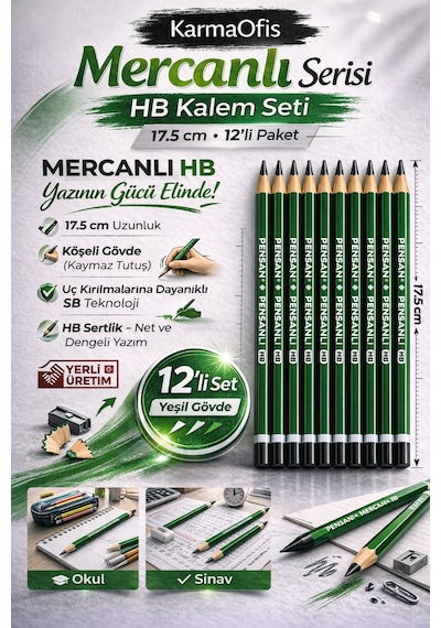 Mercanlı Hb Kurşun Kalem Yeşil Tek Renk 12 Adet, Köşeli Gövde, 17.5 Cm Yeşil 12li