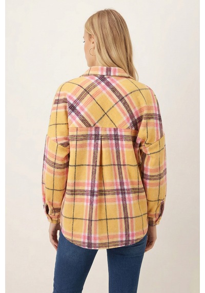 Armonika Kadın Sarı Oversize Ekoseli Kaşe Cepli Oduncu Gömlek Arm-26k001089