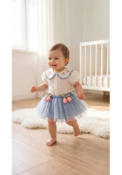Ministok Eliza Yakası Nakışlı Şortlu Tütü Etekli Kız Bebek Takım Mavi