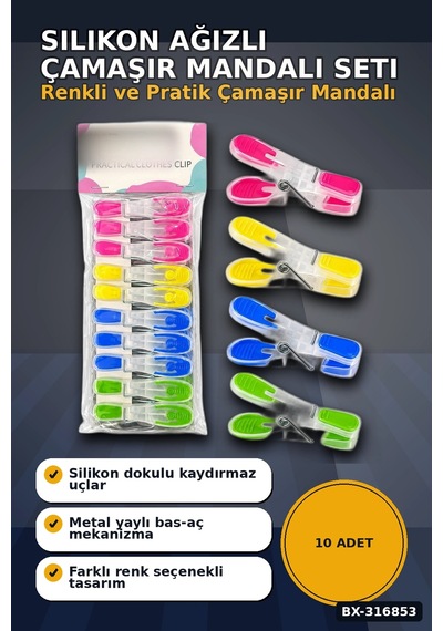 Silikon Ağızlı Şeffaf Plastik Mandal Seti, Bas Aç Pratik Çamaşır Mandalı 10 Adet Bx-316853 Diğer