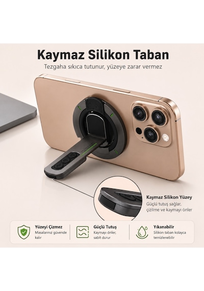 Polham 3in1 Manyetik Telefon Tutucu 360 Döner Parmak Yüzük Ve Ayarlanabilir Telefon Standı, Ful Metal Stand Siyah