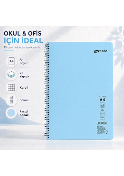 Mynote Flex Pastel A4 72 Yaprak 60 Gr Spiralli Kareli Defter Mavi