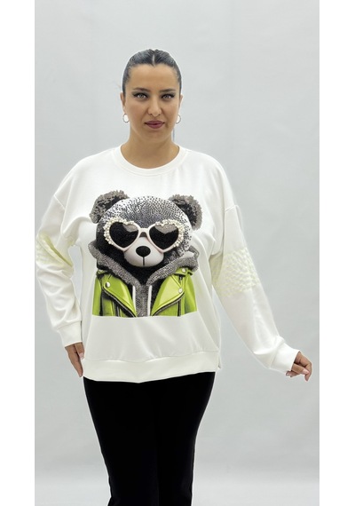 Büyük Beden Ayıcık Grafikli Taşlı İnci Detaylı Uzun Kollu Oversize Kadın Sweat Beyaz