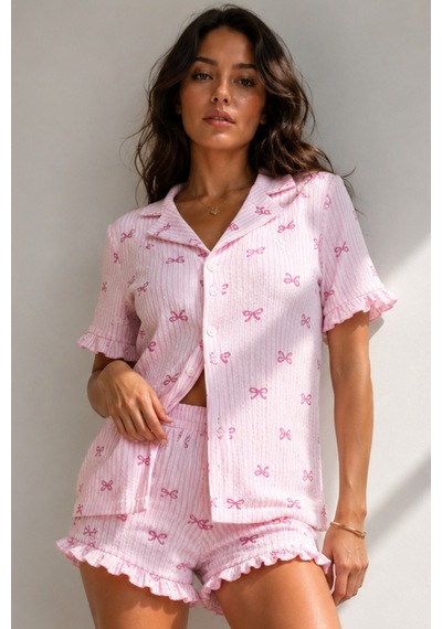 Kadın Süprem Gömlek Şort Düğme Pembe Pijama Takımı