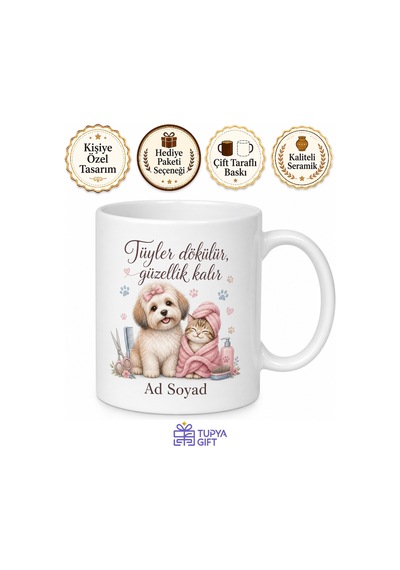Pet Kuaför Uzmanına Hediye Köpek Tıraşı Kedi Banyosu Özel Tasarım Porselen Kupa Bardak Beyaz / Çok Renkli