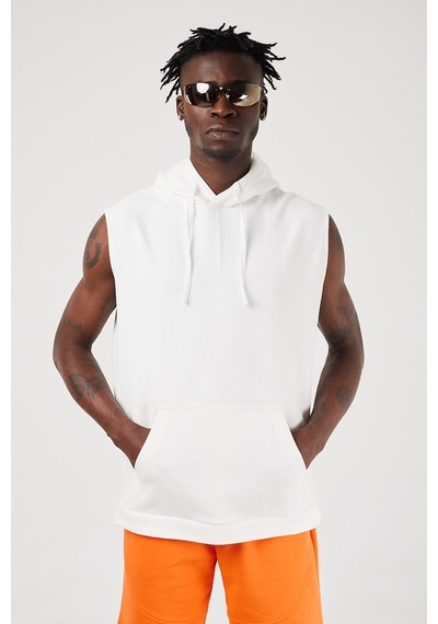 Scorp Rebel Erkek Kapüşonlu Kolsuz Sweatshirt Hoodie Beyaz Standart