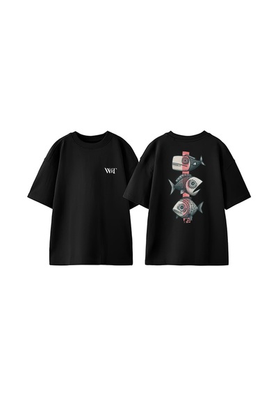 Thewert Three Fish Tasarım Sırt Baskılı Pamuk Siyah Oversize T-shirt