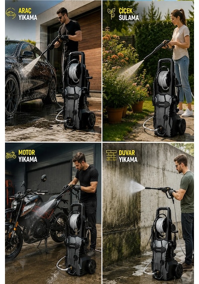 Exenar - Siyah - Cw55 Ev Tipi Araç Yıkama Makinesi Kablolu Evde Oto Yıkama Cihazı 1600w 75 Bar Basınçlı Su