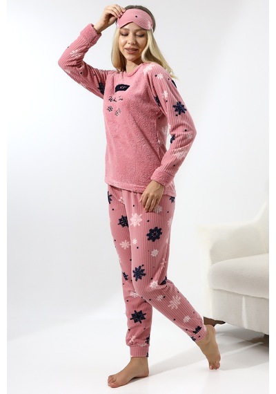 Fawn 5009 Peluş Welsoft Polar Kışlık Yumoş Kadın Pijama Takımı Pudra