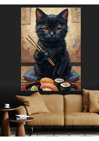 Çubukla Sushi Yiyen Kara Kedi Dekoratif Kanvas - Mdf Ahşap Tablo