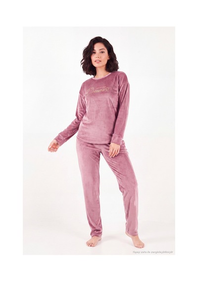Lela Bisiklet Yaka Yumuşak Dokulu Parlak Kadife Pijama Takımı Kadın Pijama Takımı 6094209 Pudra