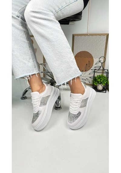 Günlük Kadın Sneaker Bağcıklı Hafif Kalın Yüksek Tabanlı Yürüyüş Nefes Alan Spor Ayakkabı 451 Simli - Beyaz