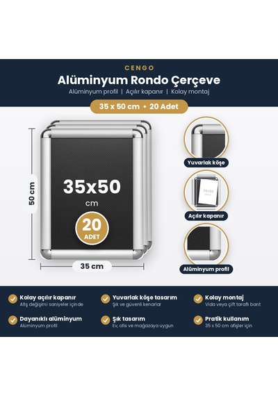 20 Adet B2 Alüminyum 50x70 Rondo Çerçeve 50 x 70 CM