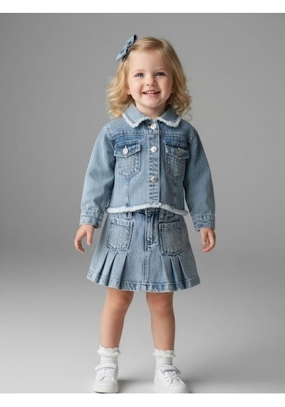 Zekids Kız Bebek Taşlı Denim Ceket-16880 Mavi