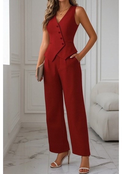 Alyn Wear Kadın Sıfır Kollu Çapraz V Yakalı Önden Düğmeli Atlas Yelek Ve Pantolon Ikili Takım Kırmızı Alyn Wear Kadın Sıfır Kollu Çapraz V Yakalı Önden Düğmeli Atlas Yelek Ve Pantolon Ikili Takım Kırmızı