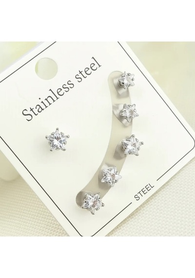 Tektaş Küpe Yıldız Model Tektaş Üçlü Set Küpe Kararmaz Çelik Silver
