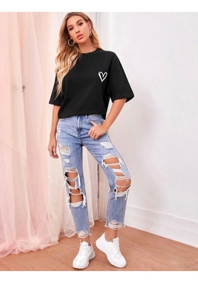 Kadın Bisiklet Yaka Baskılı Oversize T-shirt - Siyah