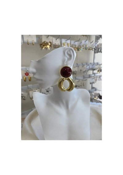 Lunarie Taşlı Halka Sarkıt Vintage Küpe 14k Gold Kalın Bordo