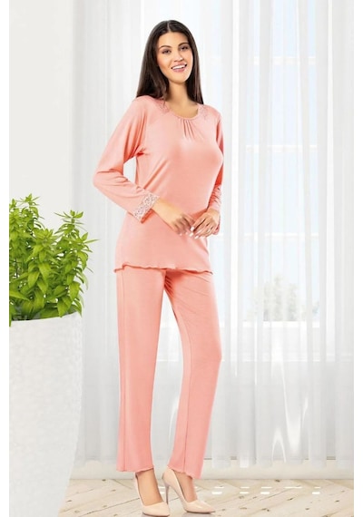 Faal 8607 Kadın Uzun Kollu Dantel Detaylı Pijama Takımı-somon SOMON
