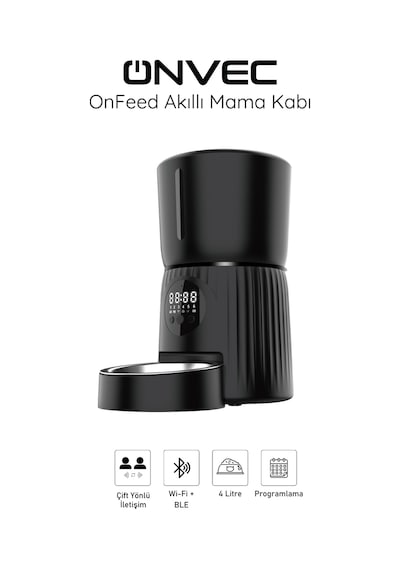 Onvec OnFeed Siyah Akıllı Mama Kabı 4 L Kapasiteli Alexa ve Google Home Uyumlu