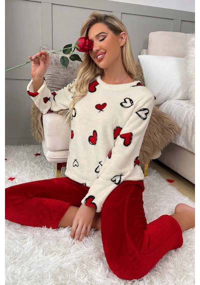 Merry See Kalp Baskılı Peluş Polar Alt Üst Uzun Kollu Pijama Takımı 001