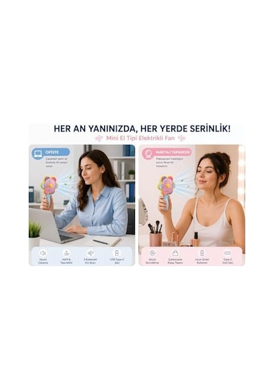 Mini El Fanı Usb Şarjlı Type-c Bağlantılı 3 Kademeli Taşınabilir Elektrikli Fan Masaüstü Ve El Tipi Kullanım Renk Serinletici Fan Mavi Pembe Sarı Papatya .